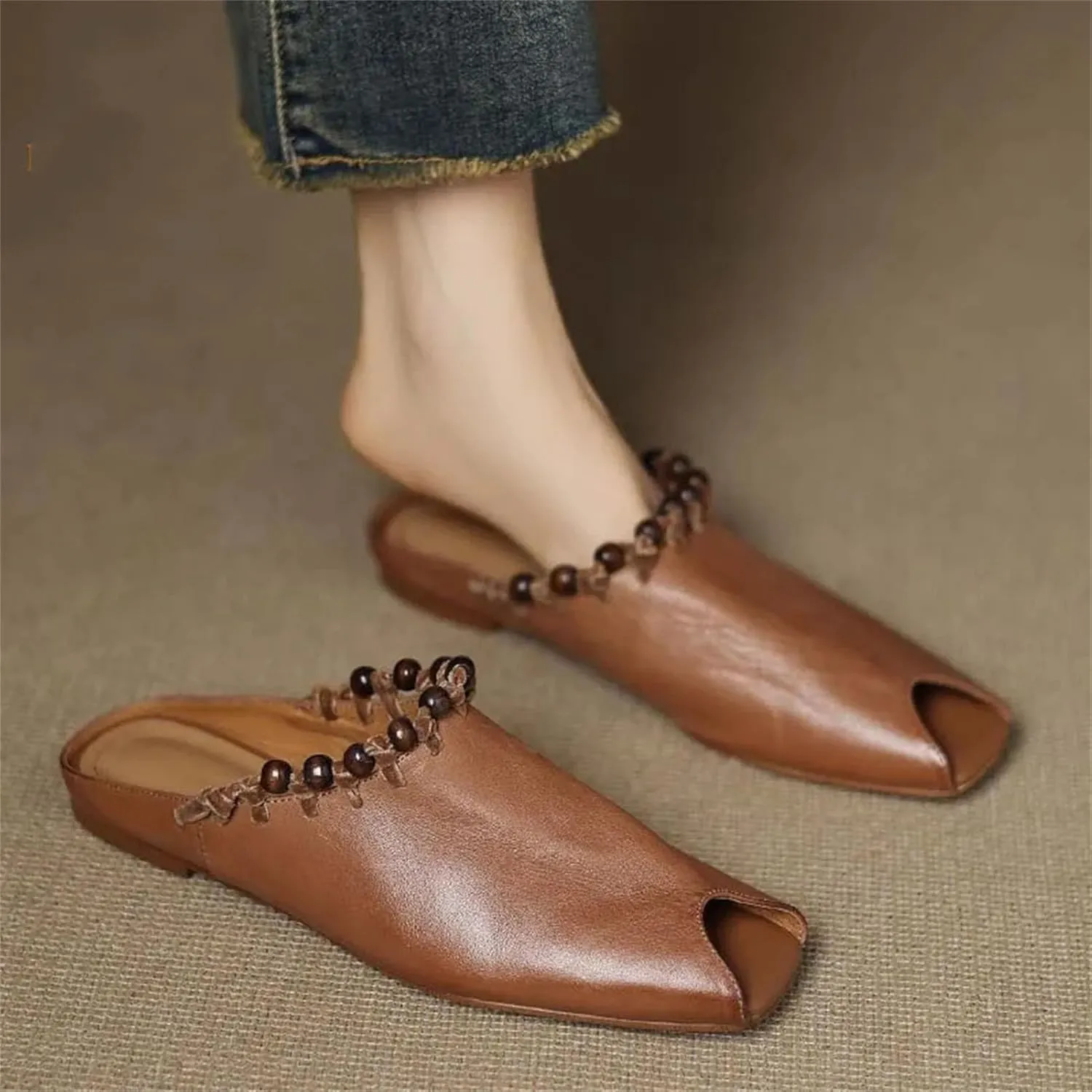Women's Open-Toe Leather Sandals - Black/Beige Summer Casual Lady
