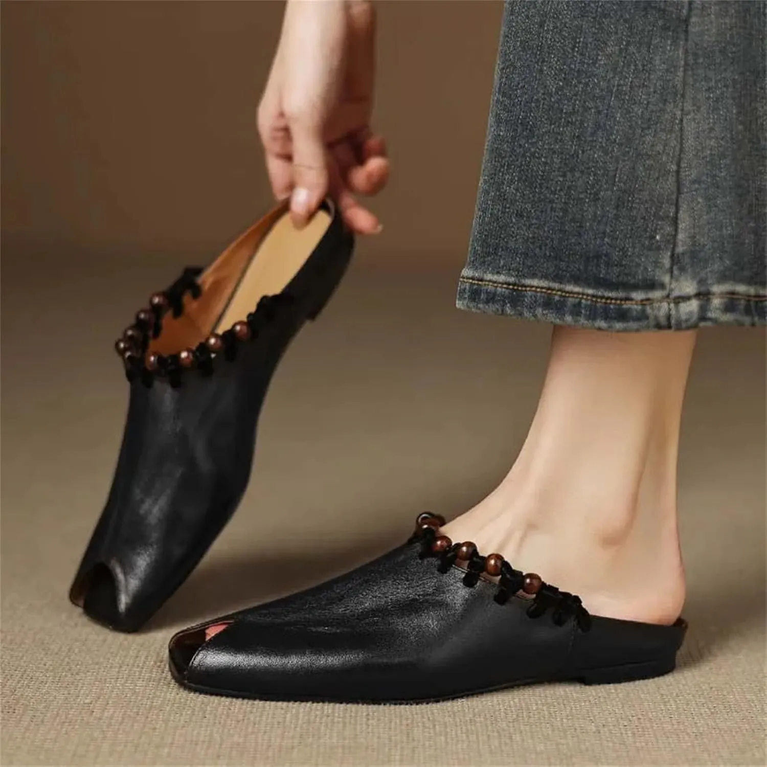 Women's Open-Toe Leather Sandals - Black/Beige Summer Casual Lady