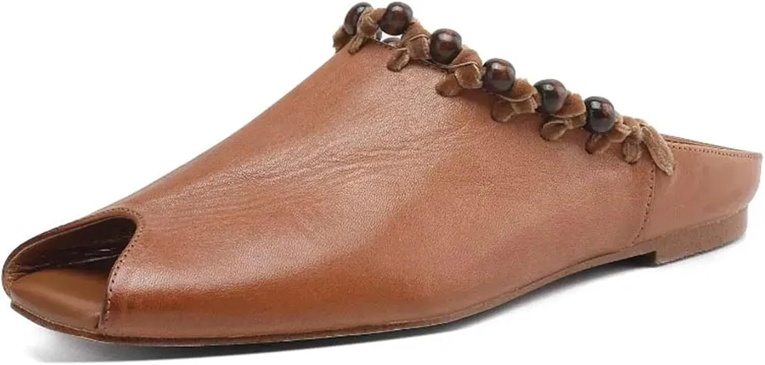 Women's Open-Toe Leather Sandals - Black/Beige Summer Casual Lady