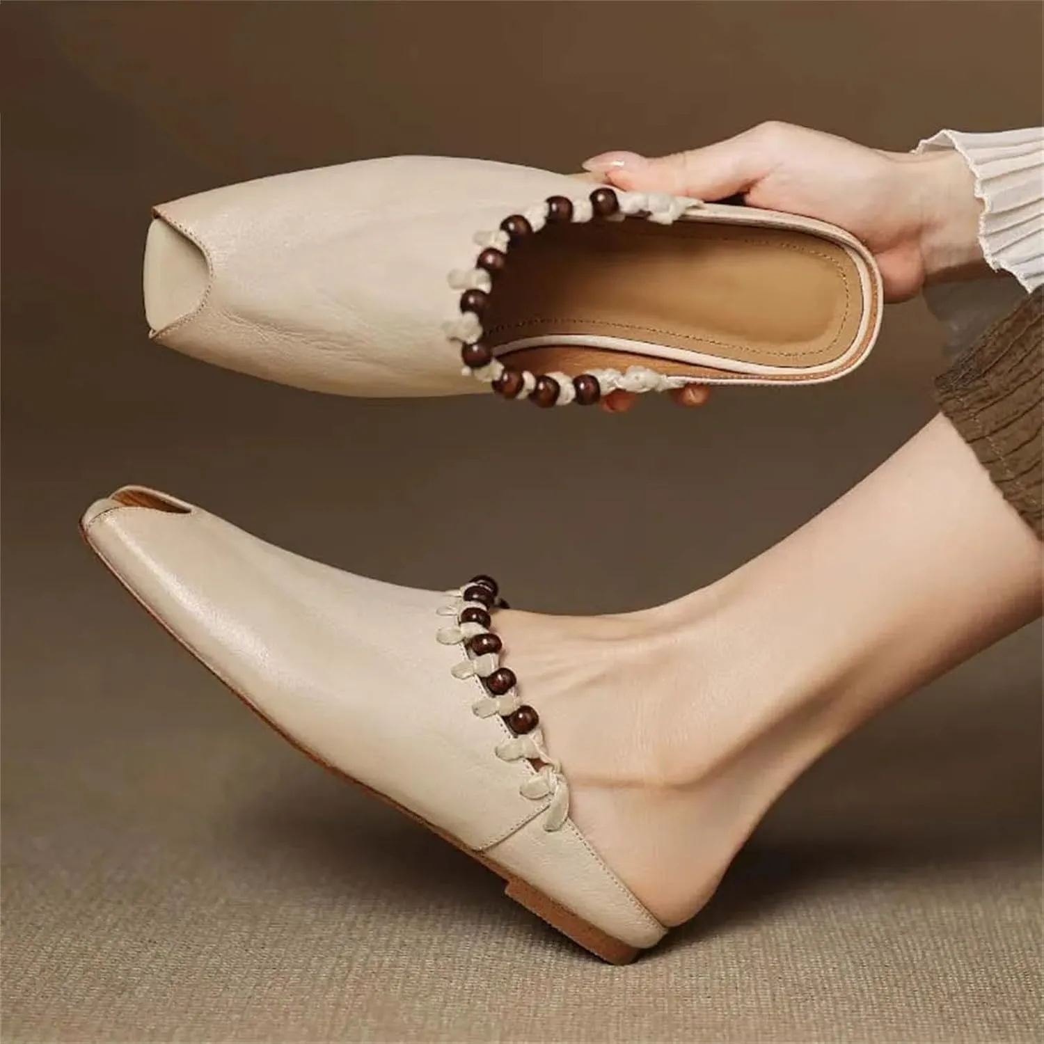 Women's Open-Toe Leather Sandals - Black/Beige Summer Casual Lady