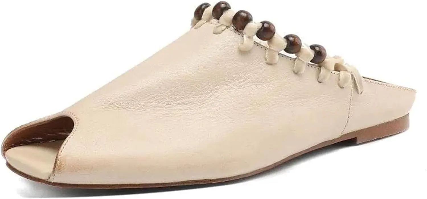 Women's Open-Toe Leather Sandals - Black/Beige Summer Casual Lady