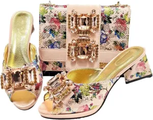Women’S Peep Toe Rhinestone Sandals and Handbag Set with Platform Heel for Wedding and Party Wear