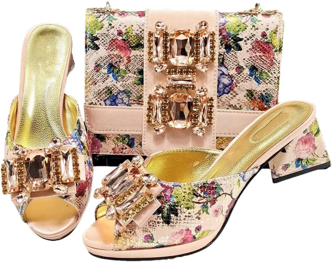 Women’S Peep Toe Rhinestone Sandals and Handbag Set with Platform Heel for Wedding and Party Wear