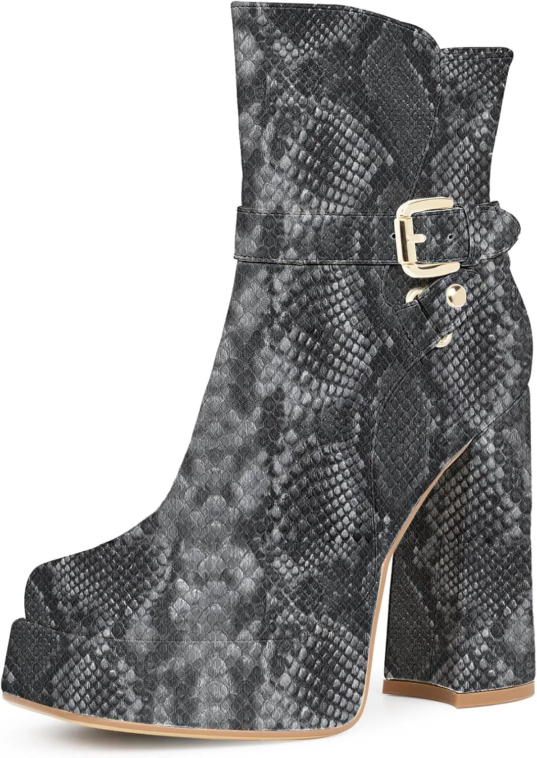 Women's Platform Chunky High Heel Ankle Boots Buckle Strap Square Toe Booties