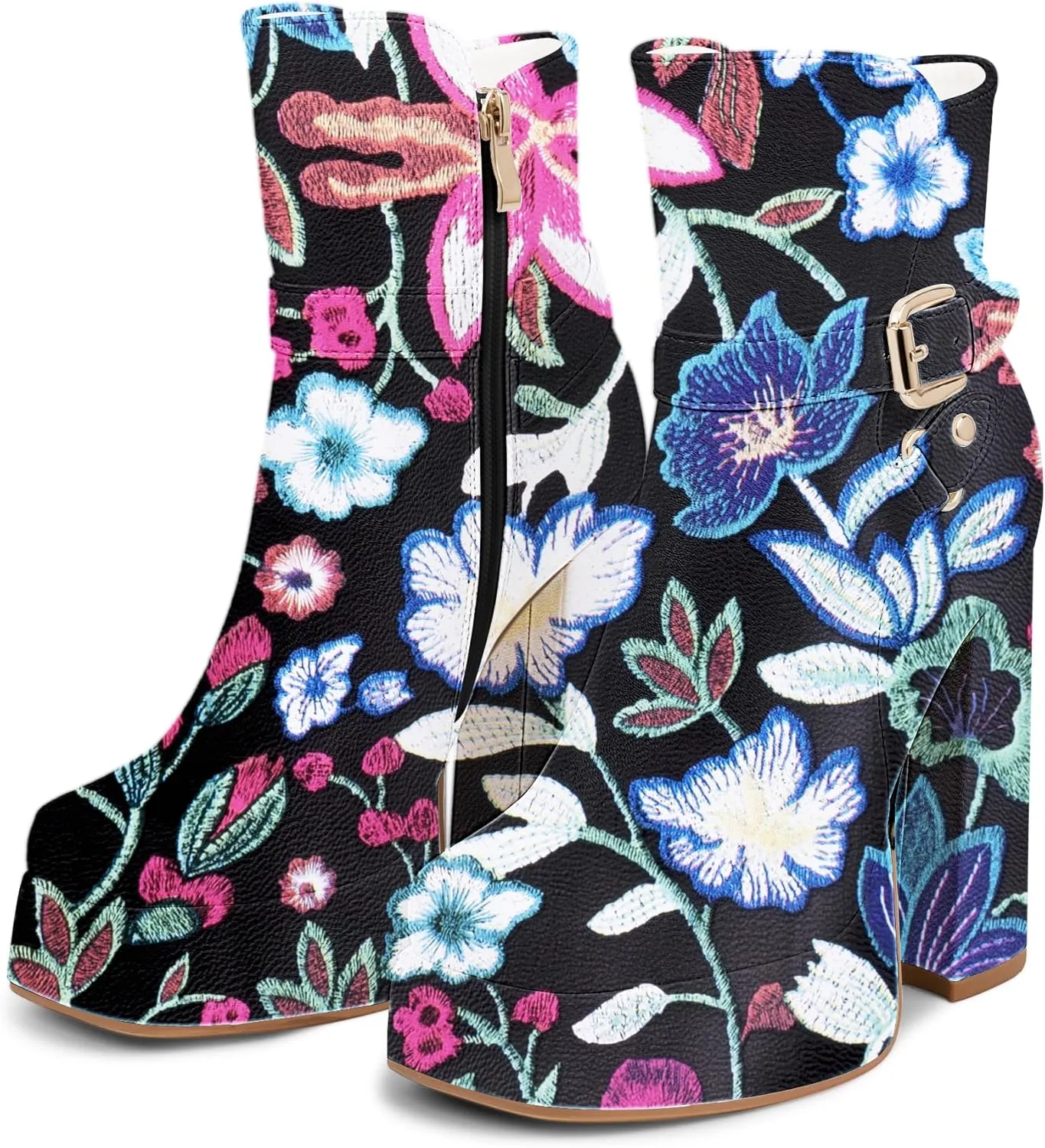Women's Platform Chunky High Heel Ankle Boots Buckle Strap Square Toe Booties