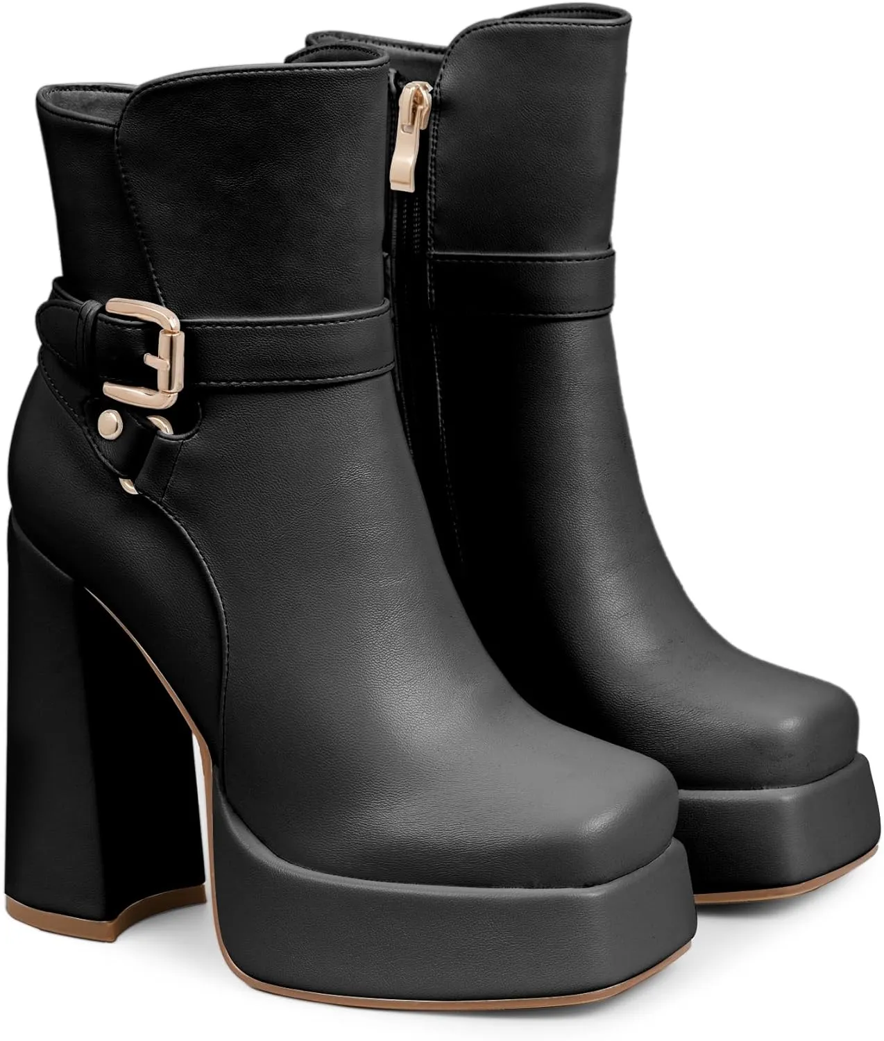 Women's Platform Chunky High Heel Ankle Boots Buckle Strap Square Toe Booties