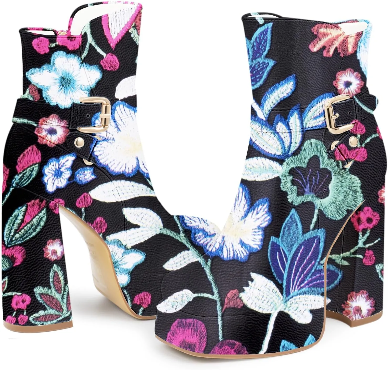 Women's Platform Chunky High Heel Ankle Boots Buckle Strap Square Toe Booties