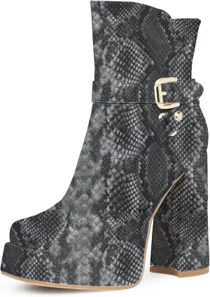 Women's Platform Chunky High Heel Ankle Boots Buckle Strap Square Toe Booties