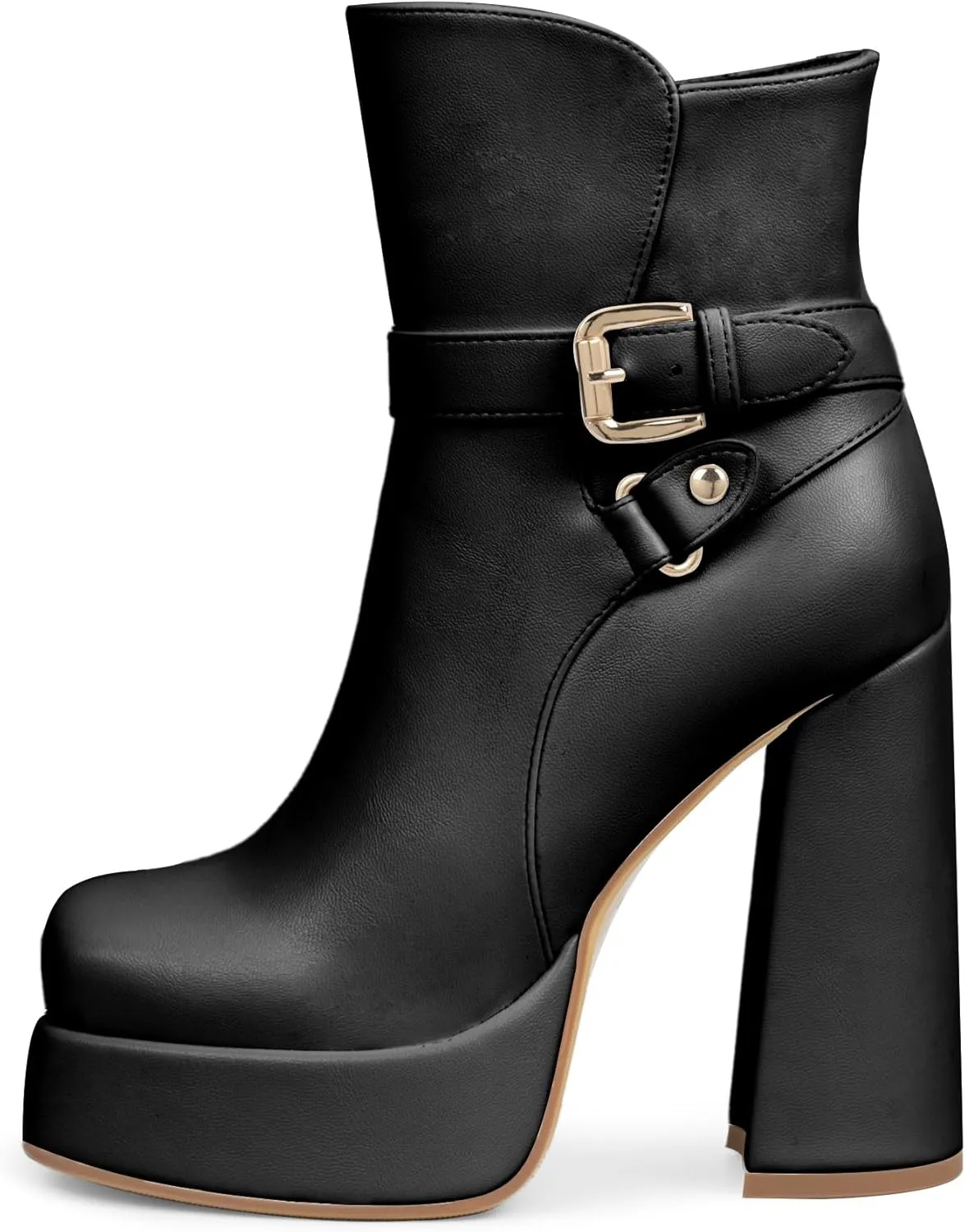 Women's Platform Chunky High Heel Ankle Boots Buckle Strap Square Toe Booties