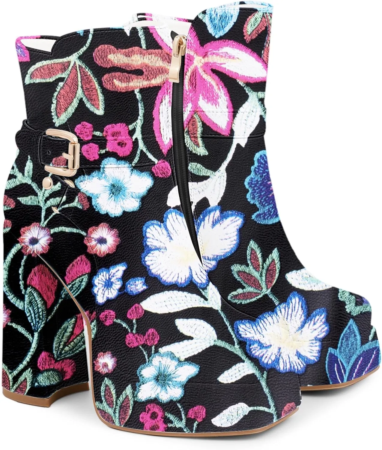 Women's Platform Chunky High Heel Ankle Boots Buckle Strap Square Toe Booties