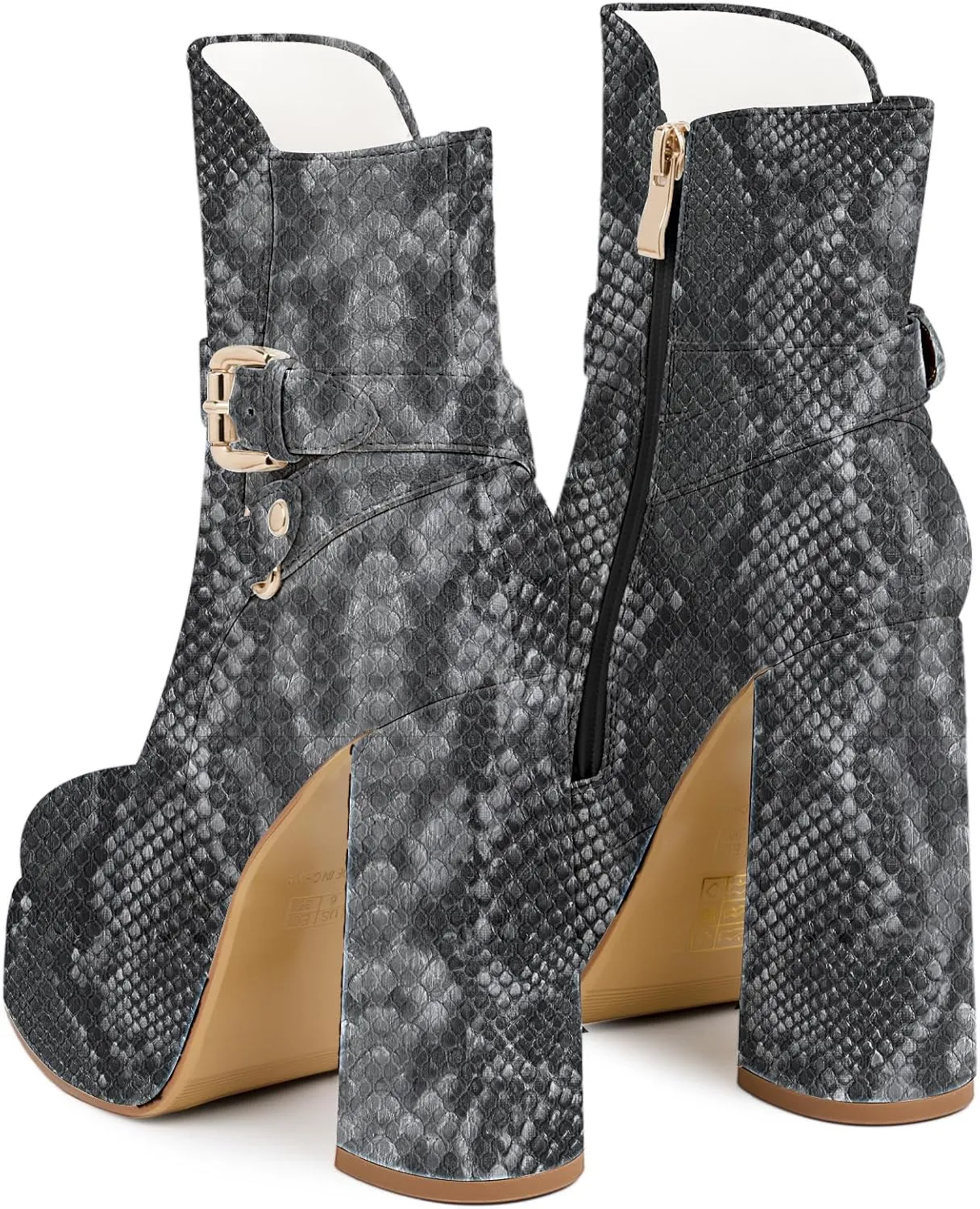 Women's Platform Chunky High Heel Ankle Boots Buckle Strap Square Toe Booties