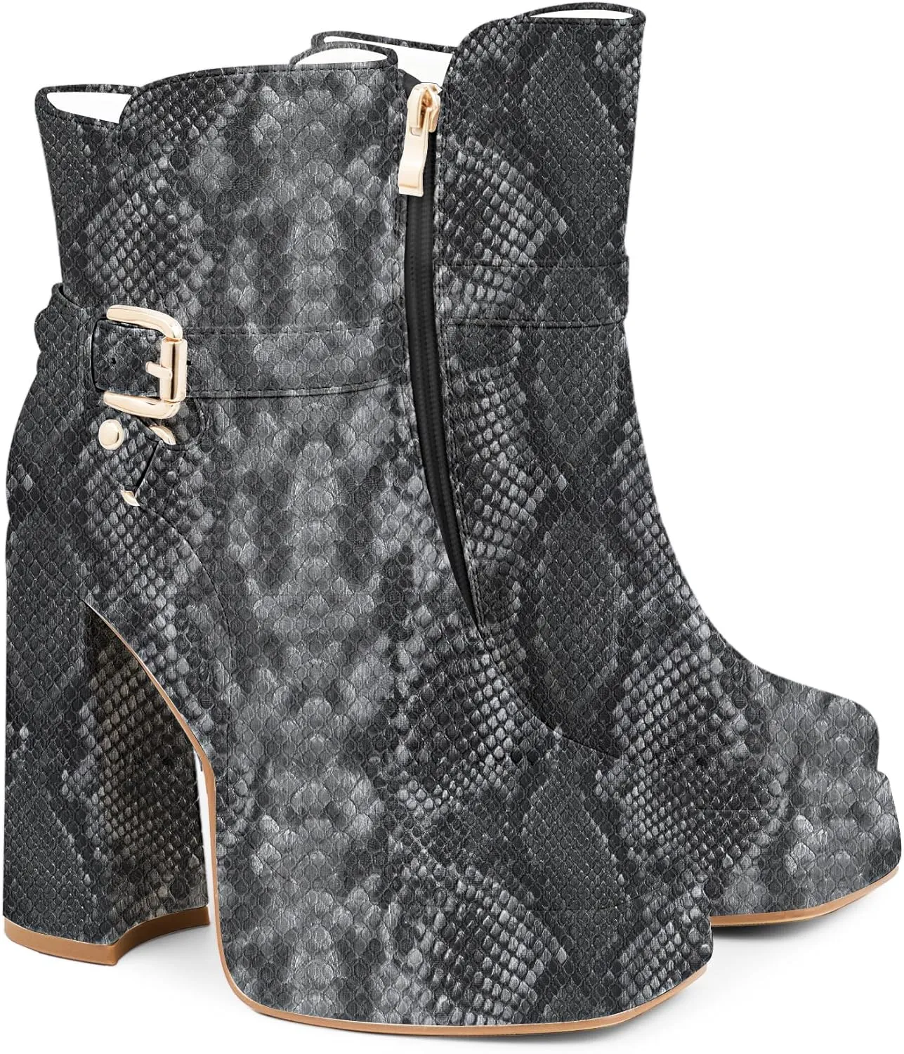 Women's Platform Chunky High Heel Ankle Boots Buckle Strap Square Toe Booties