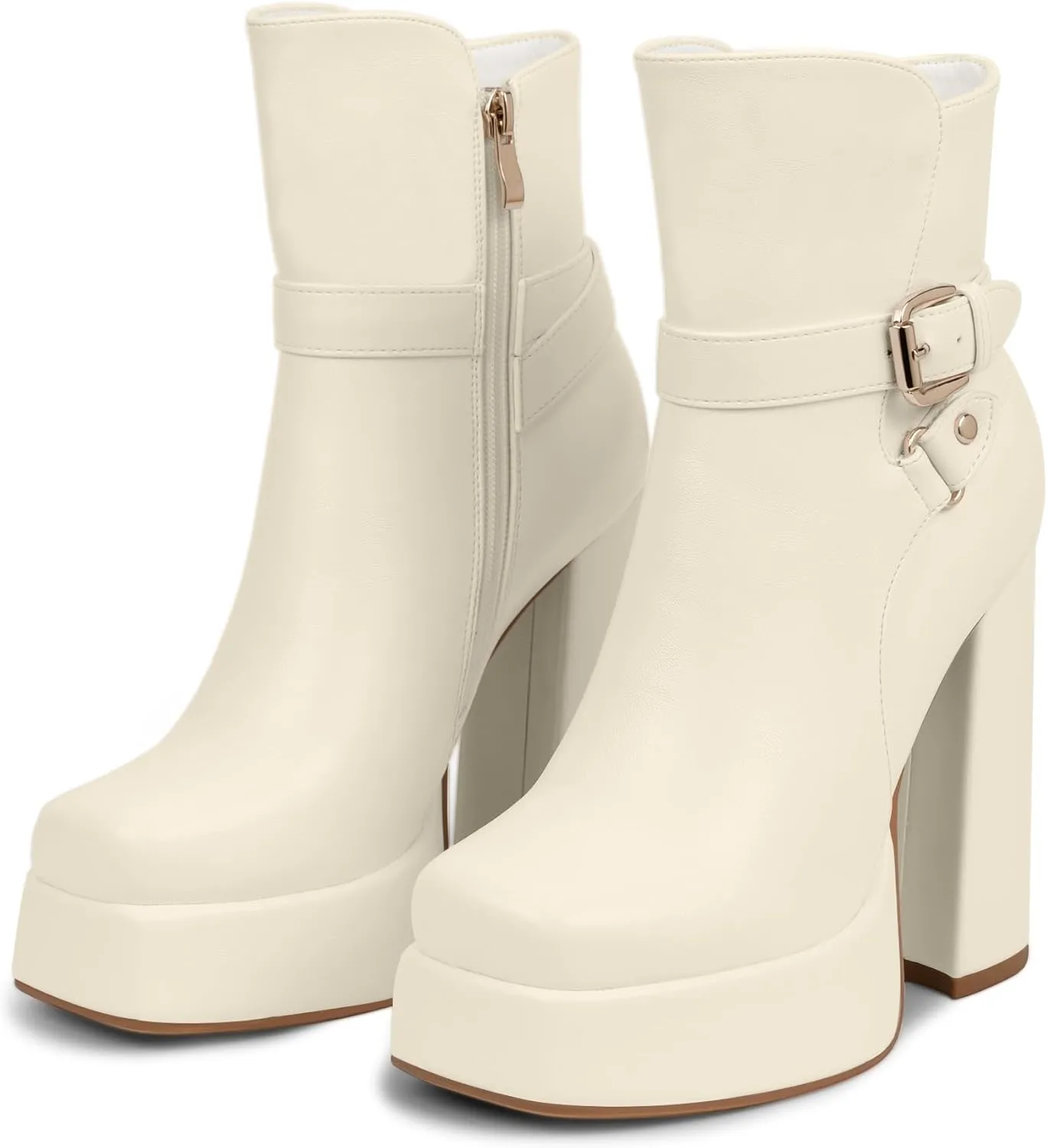 Women's Platform Chunky High Heel Ankle Boots Buckle Strap Square Toe Booties