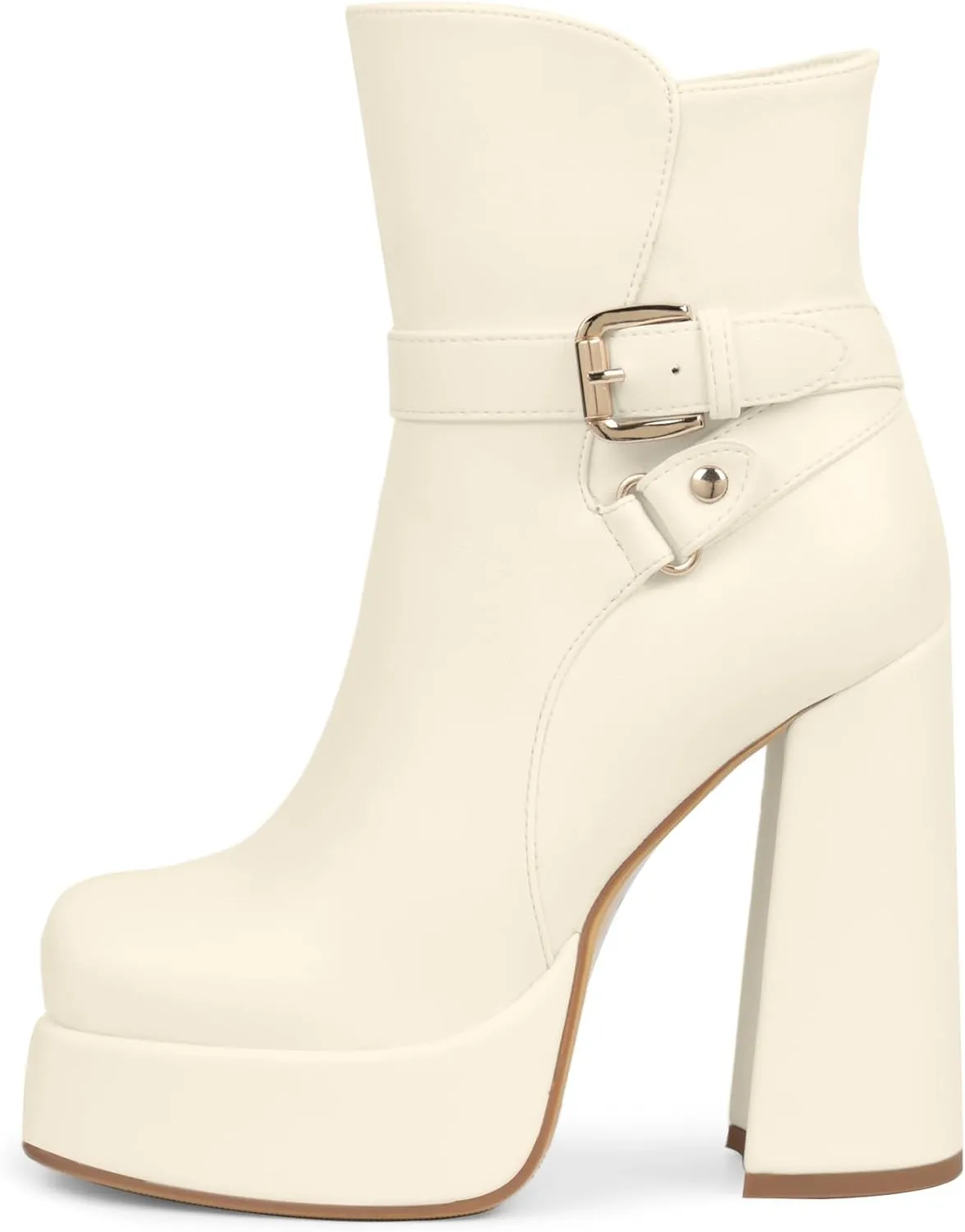 Women's Platform Chunky High Heel Ankle Boots Buckle Strap Square Toe Booties