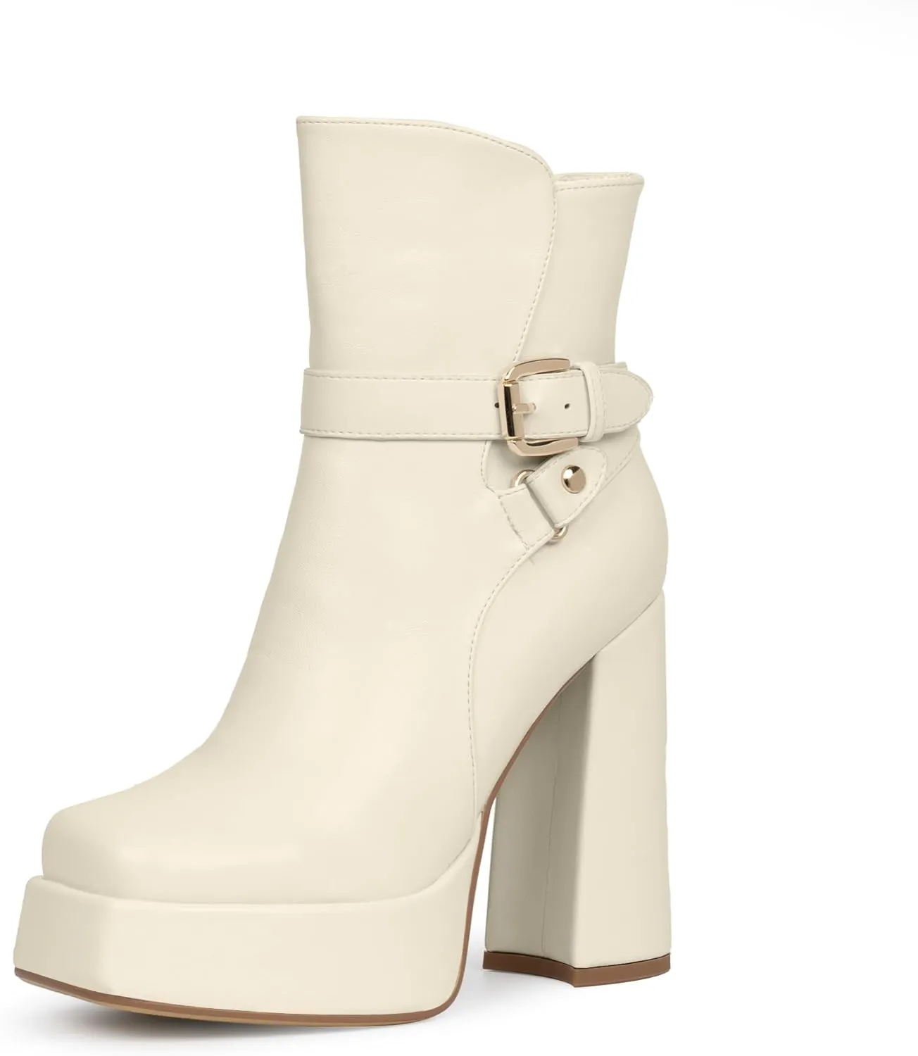 Women's Platform Chunky High Heel Ankle Boots Buckle Strap Square Toe Booties