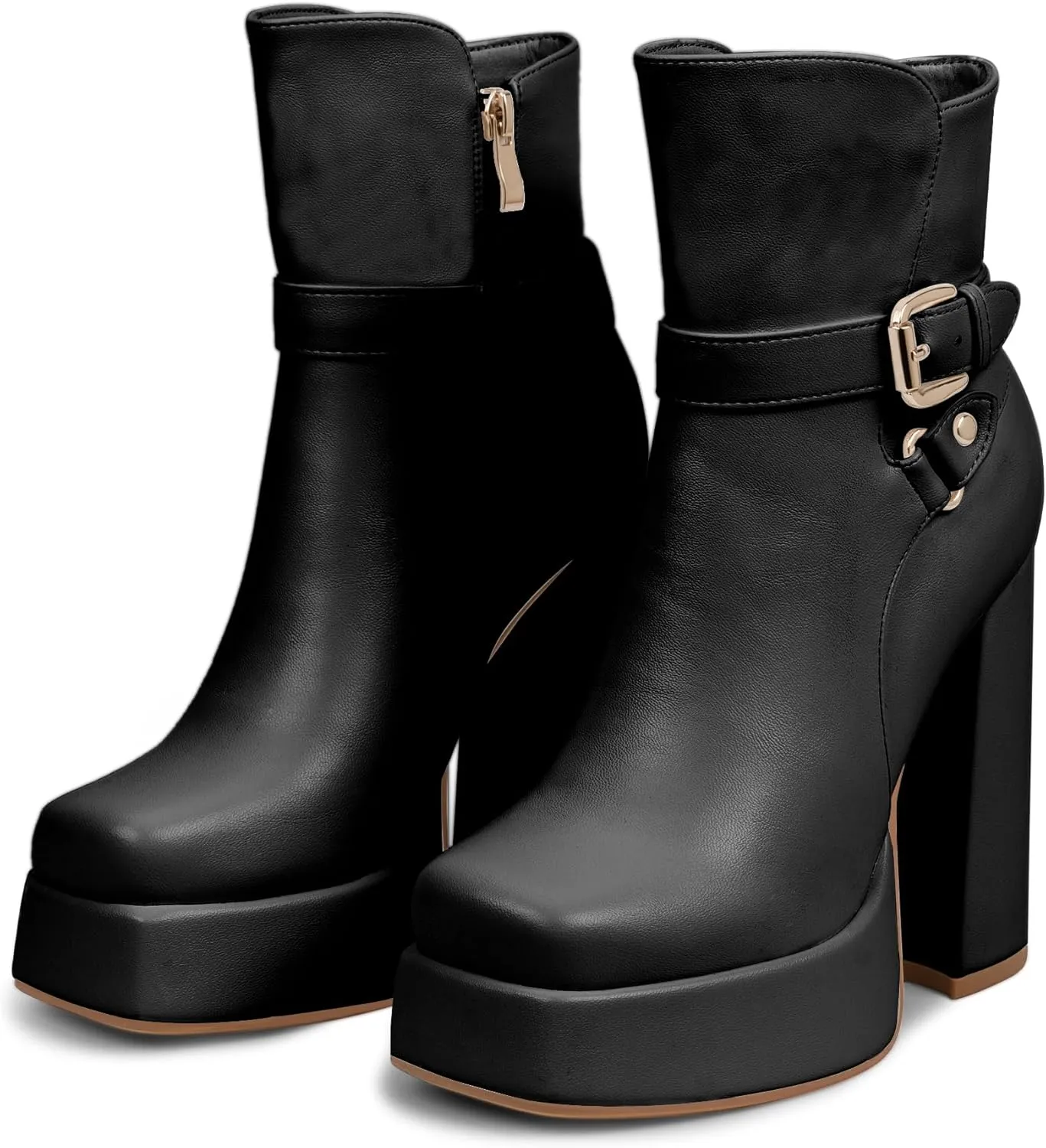 Women's Platform Chunky High Heel Ankle Boots Buckle Strap Square Toe Booties