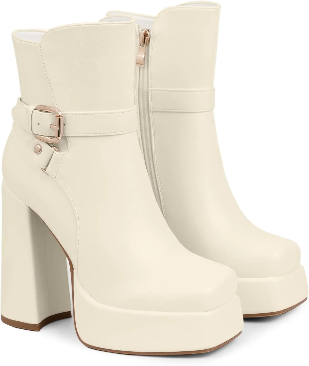 Women's Platform Chunky High Heel Ankle Boots Buckle Strap Square Toe Booties