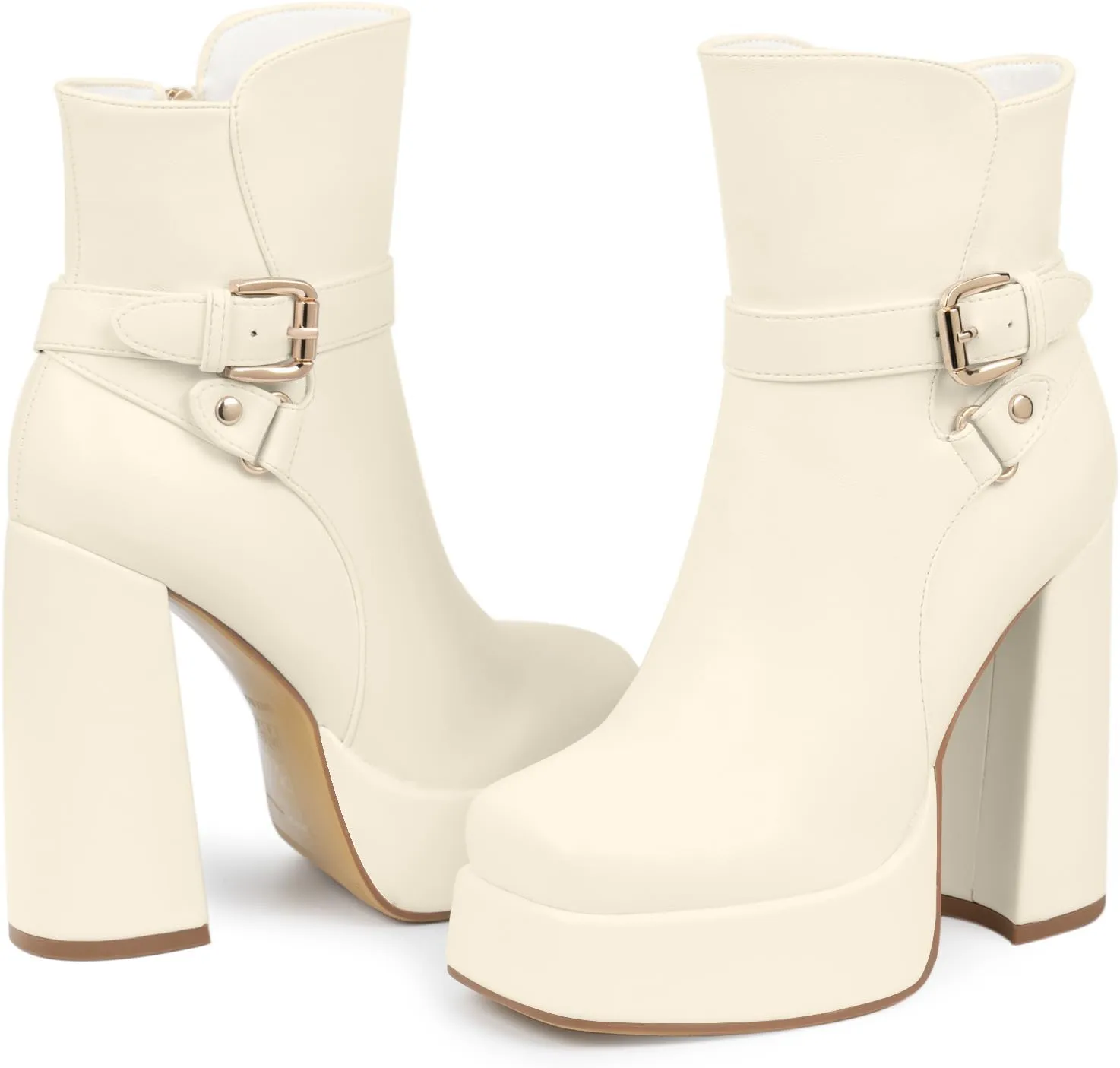 Women's Platform Chunky High Heel Ankle Boots Buckle Strap Square Toe Booties