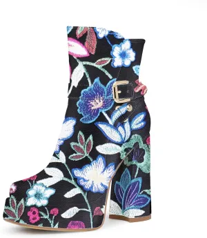 Women's Platform Chunky High Heel Ankle Boots Buckle Strap Square Toe Booties