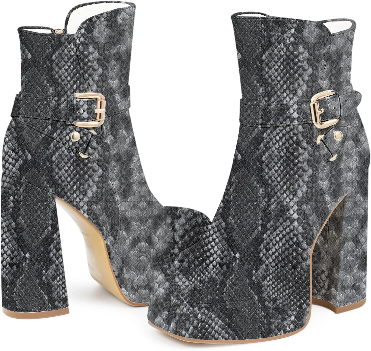 Women's Platform Chunky High Heel Ankle Boots Buckle Strap Square Toe Booties