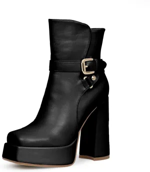 Women's Platform Chunky High Heel Ankle Boots Buckle Strap Square Toe Booties