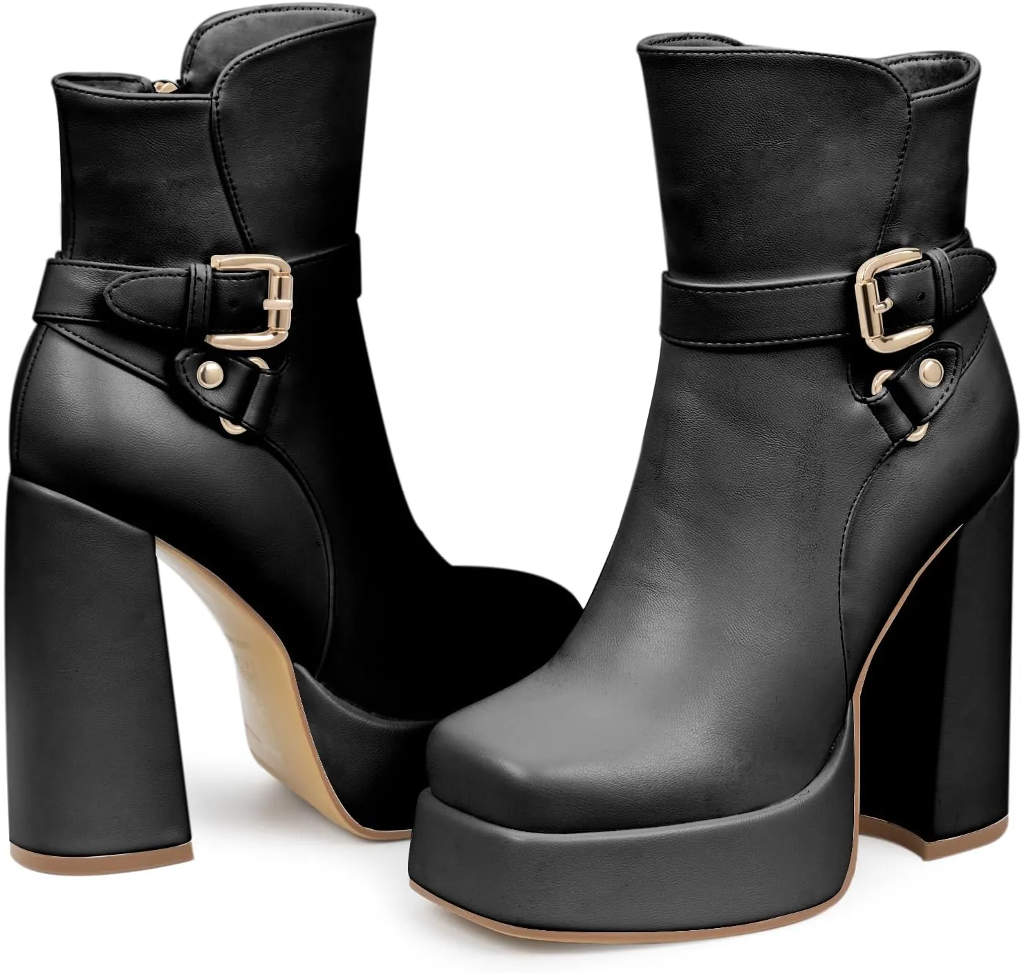 Women's Platform Chunky High Heel Ankle Boots Buckle Strap Square Toe Booties