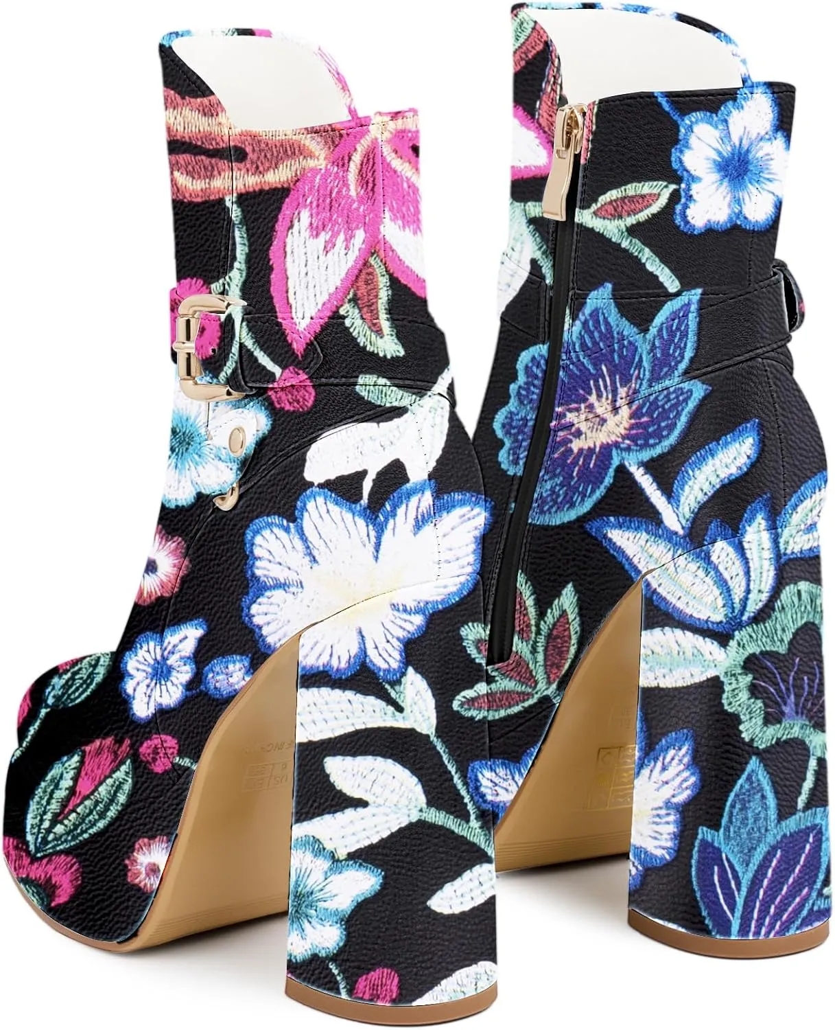 Women's Platform Chunky High Heel Ankle Boots Buckle Strap Square Toe Booties