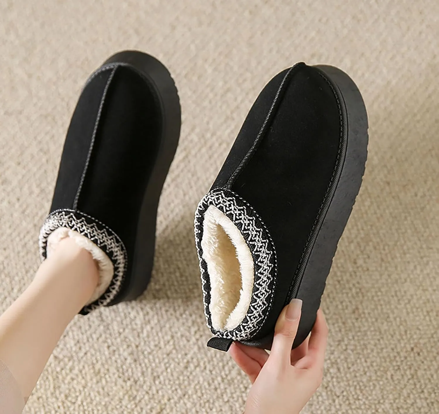 Womens Plush Cuddle Slides - Thick Bottom Shoes for Indoor, Outdoor & Snow Boots