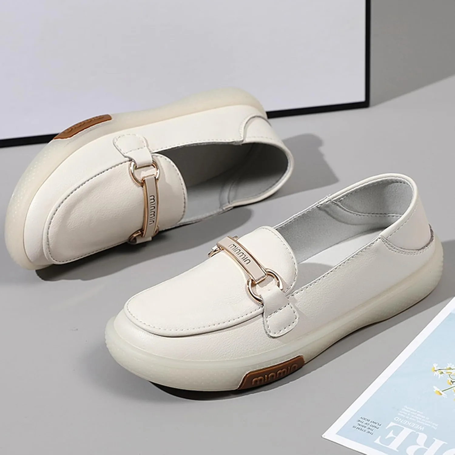 Women's Soft Genuine Leather Classic Buckle Penny Loafers Casual Fashion Lightweight Driving Moccasins Comfortable Round Toe Breathable Slip On Walking Flats