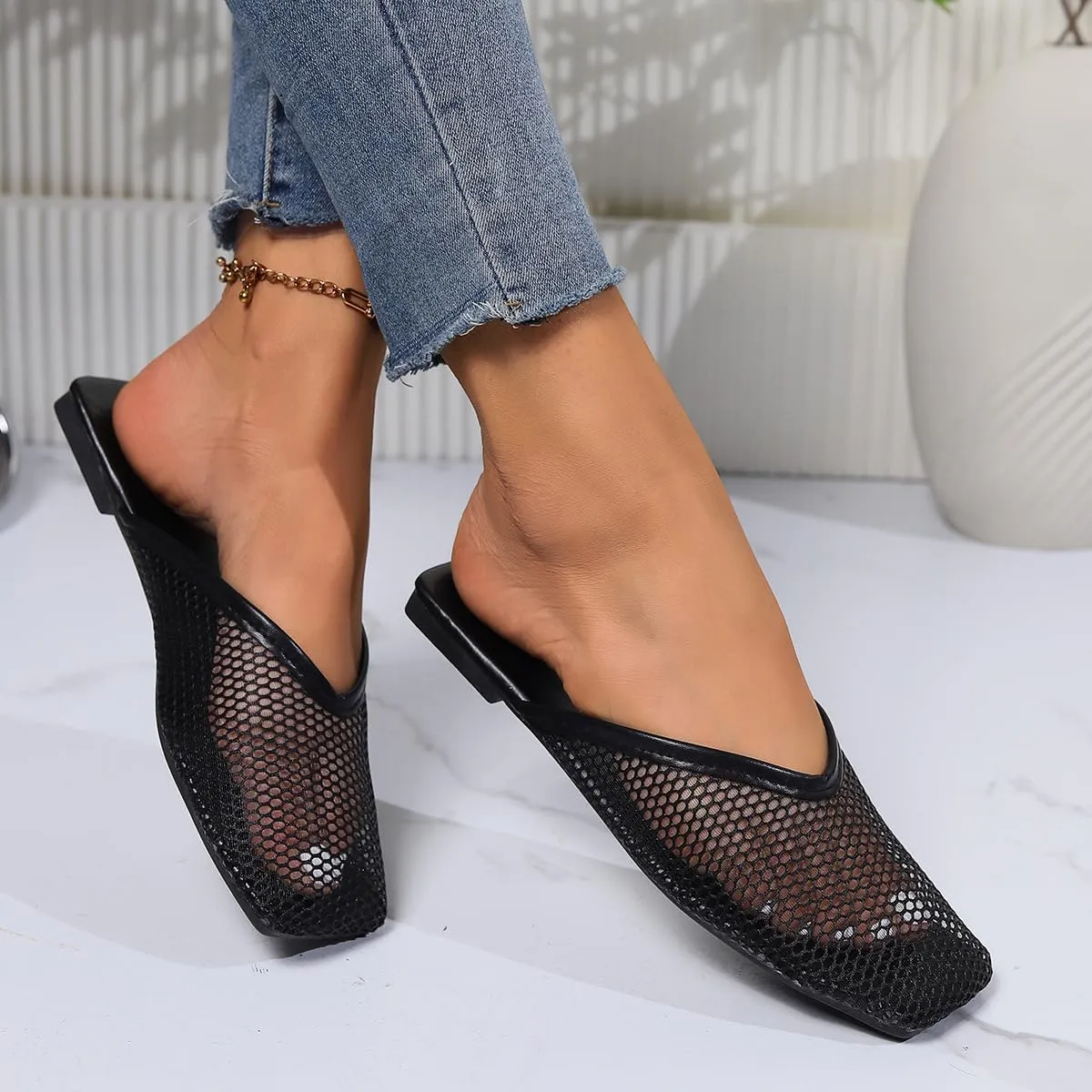 Women's Square Toe Mesh Flats Mesh Slippers Sandals for Women, Stretch Fishnet Stockings Hollow Short Flat Shoes (Black,5-5.5)