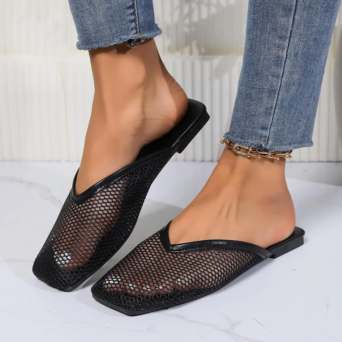 Women's Square Toe Mesh Flats Mesh Slippers Sandals for Women, Stretch Fishnet Stockings Hollow Short Flat Shoes (Black,5-5.5)