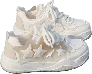 Women's Star Platform Sneakers with Star Design - Chunky White Casual Shoes for Spring, Non-Slip Student Walking Shoes