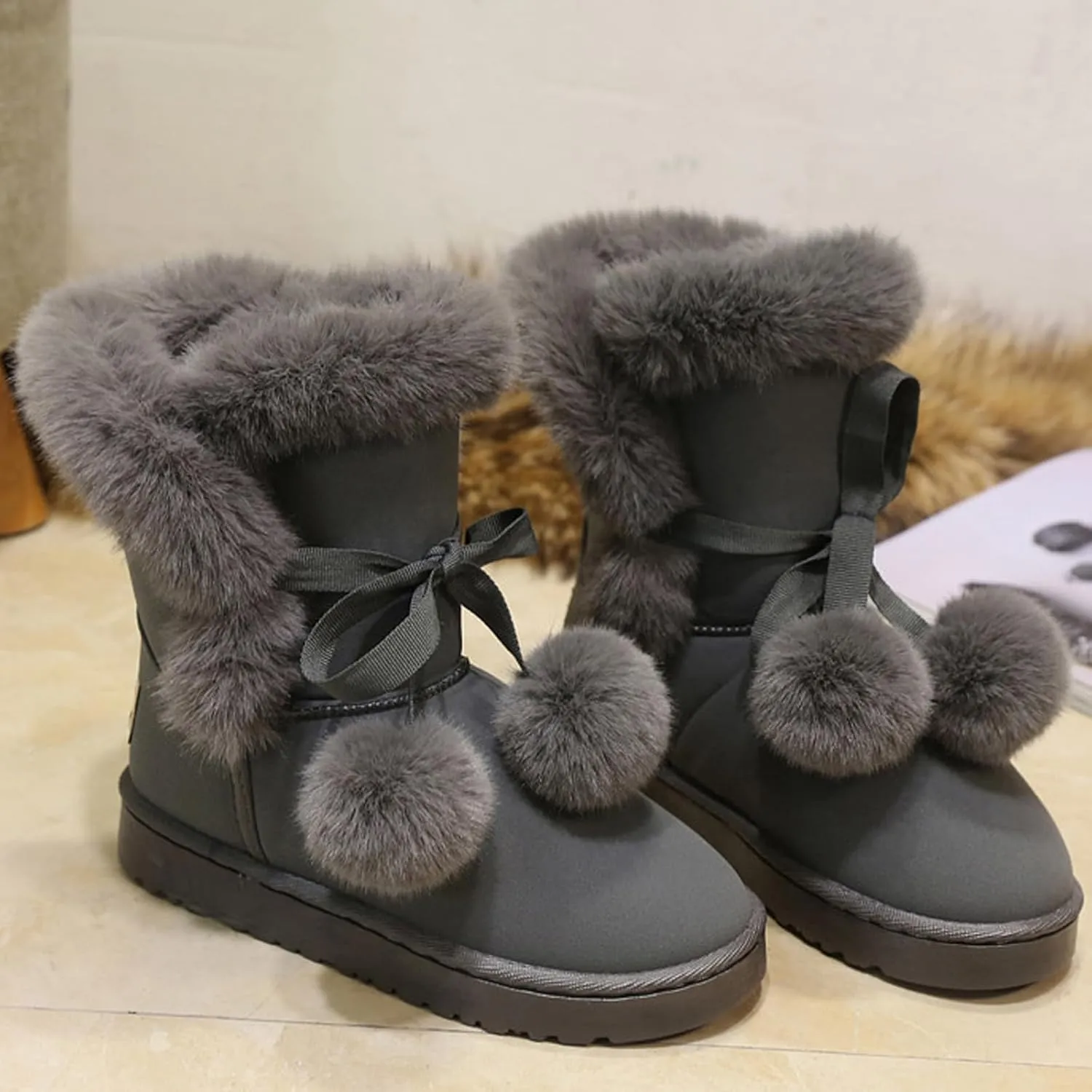 WUIWUIYU Women's Cute Pom-pom Lace Up Fur Winter Snow Boots Sweetheart Princess Fluffy Boots