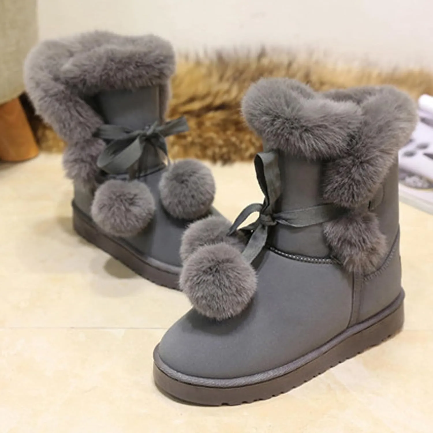 WUIWUIYU Women's Cute Pom-pom Lace Up Fur Winter Snow Boots Sweetheart Princess Fluffy Boots