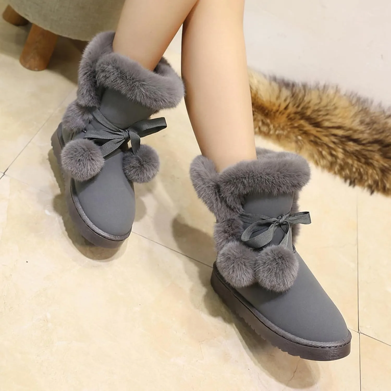WUIWUIYU Women's Cute Pom-pom Lace Up Fur Winter Snow Boots Sweetheart Princess Fluffy Boots