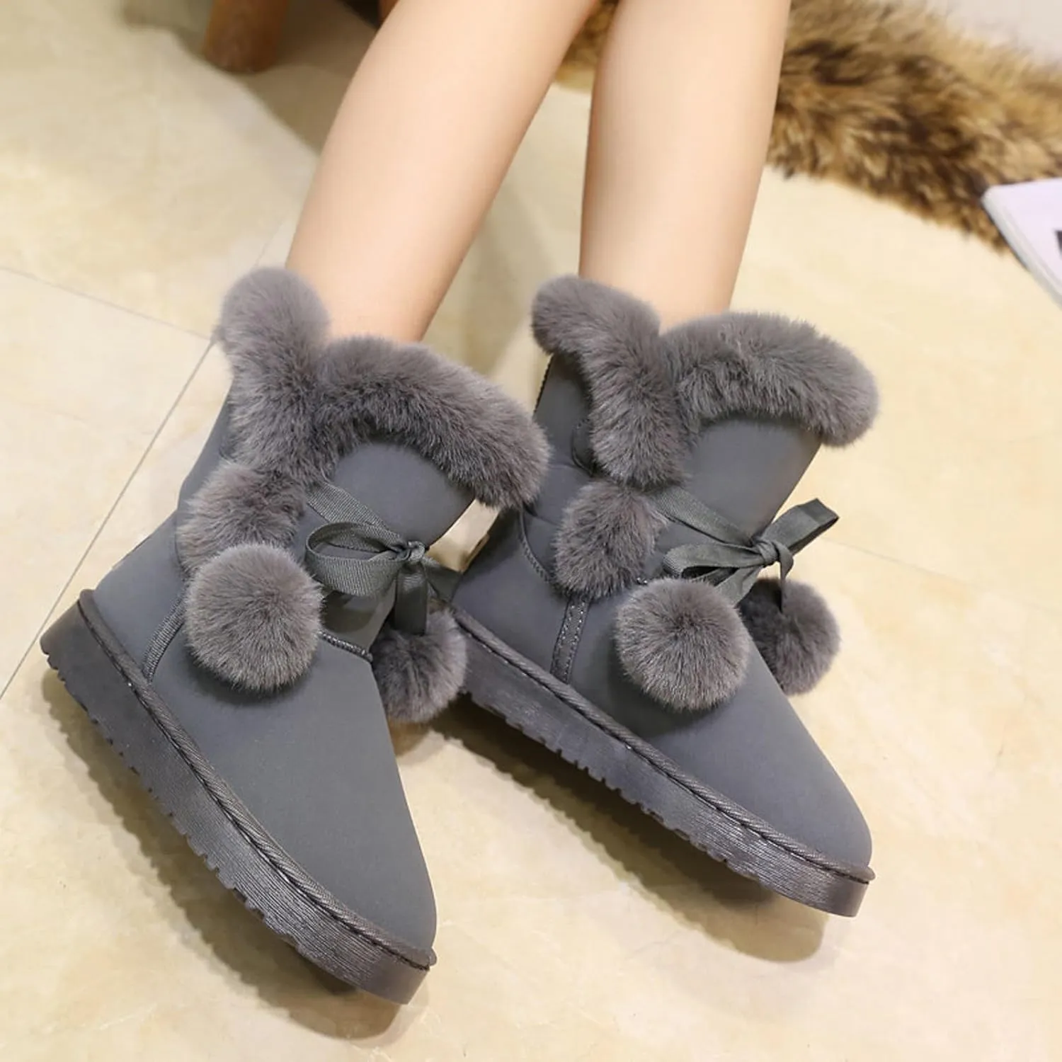 WUIWUIYU Women's Cute Pom-pom Lace Up Fur Winter Snow Boots Sweetheart Princess Fluffy Boots