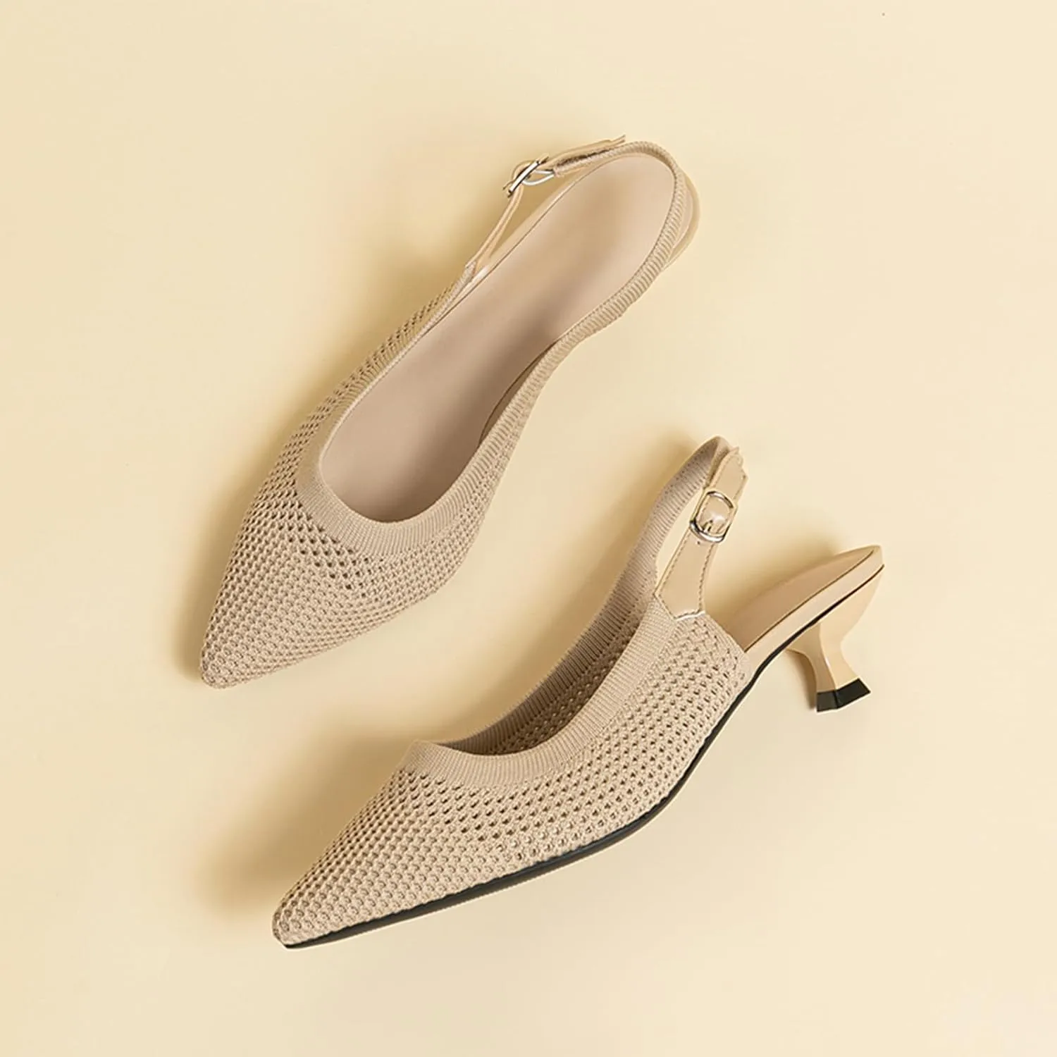 youngshow Pointed Toe Women Pumps, Comfort Slingback Heels with Arch Support, Cute Kitten Heels with Ankle Strap for Womens, Walking Office, Black