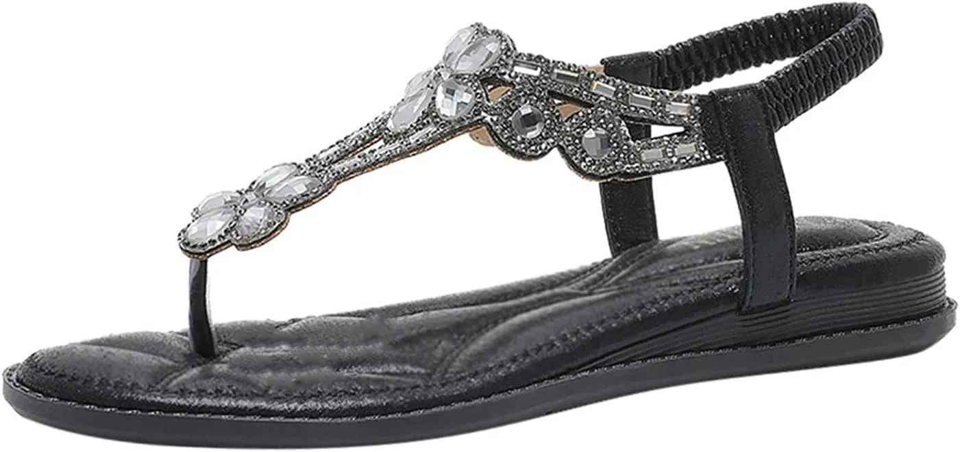 ZBYY Women's Ankle Strappy Gladiator Sandals Beach Bohemian Elastic Back Strap Rhinestone Summer Slip On Thong Flat Sandals
